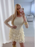 Krajkované elegantné šaty s volánovou sukňou vanilkové AB 50