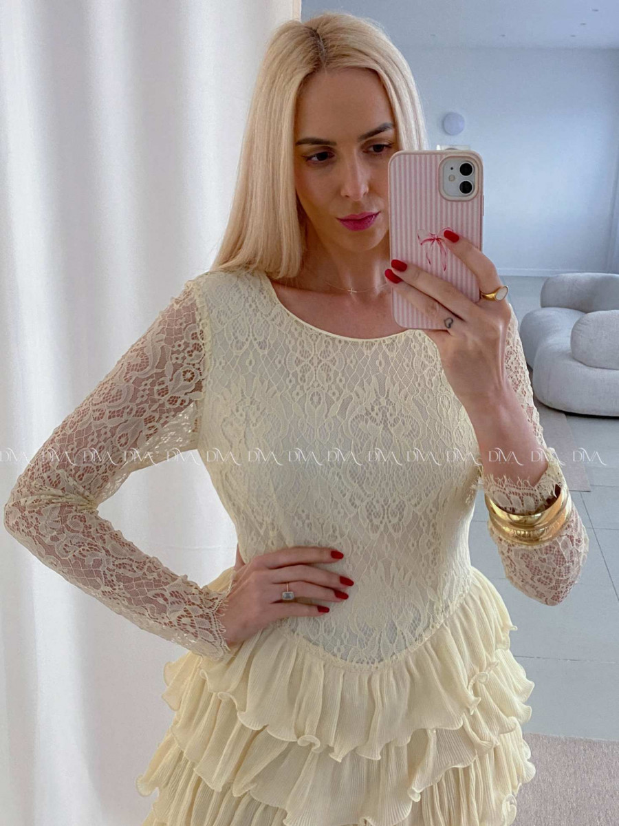 Krajkované elegantné šaty s volánovou sukňou vanilkové AB 50