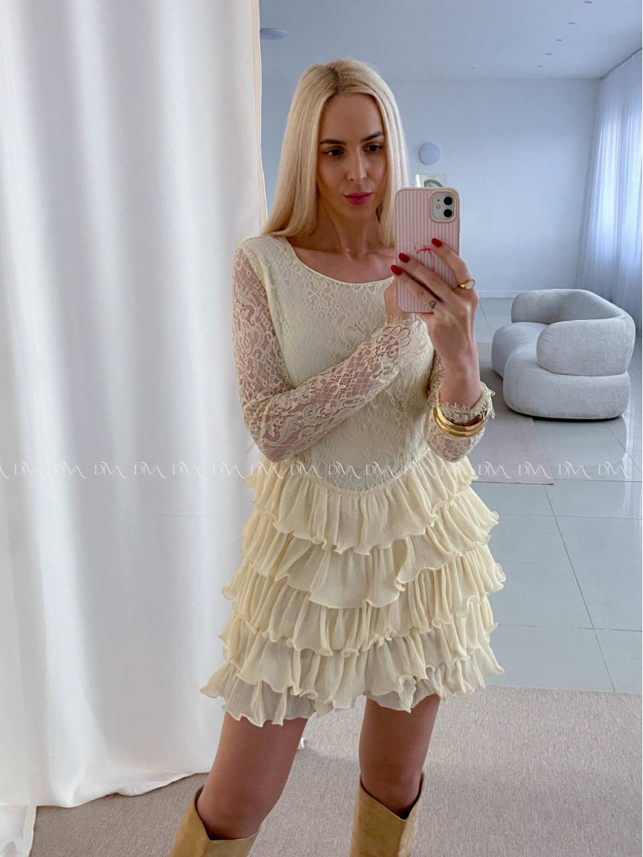 Krajkované elegantné šaty s volánovou sukňou vanilkové AB 50