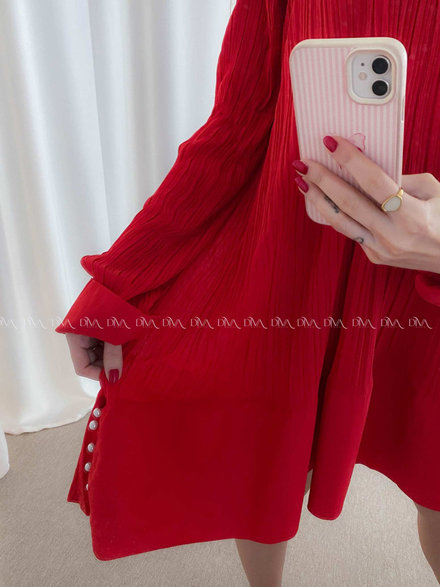 Plisované oversize šaty s perličkami červené AB 55