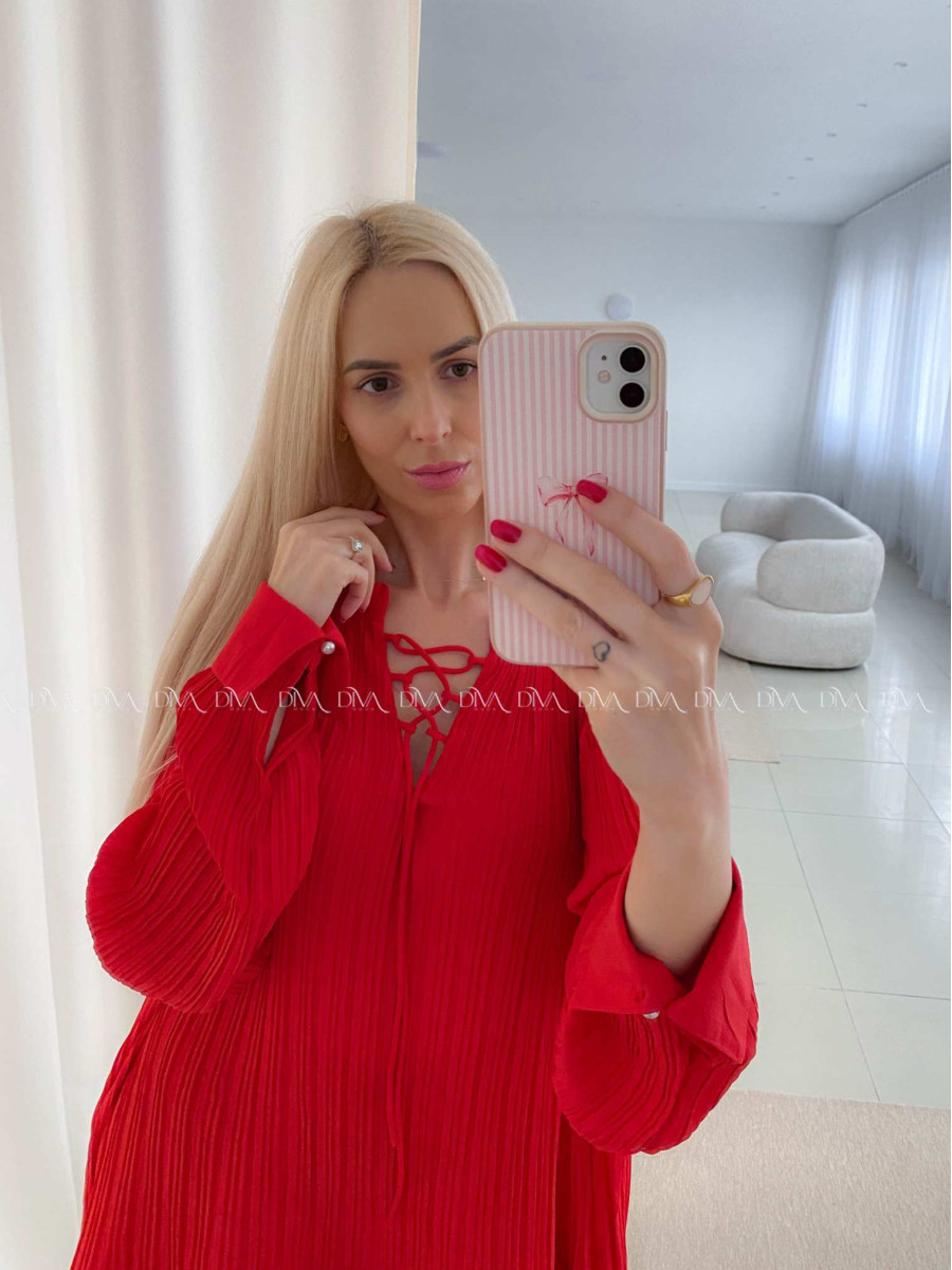 Plisované oversize šaty s perličkami červené AB 55