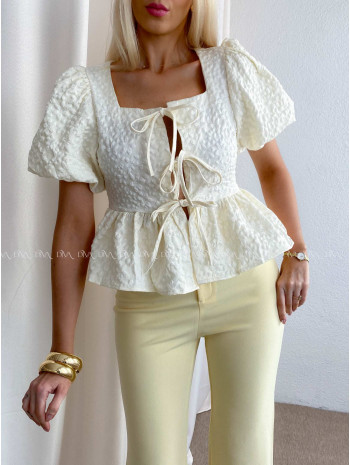 3D kvietkovaný peplum top na viazanie smotanový AB 81