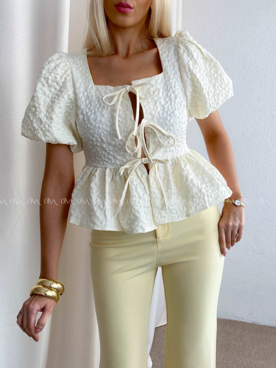 3D kvietkovaný peplum top na viazanie smotanový AB 81