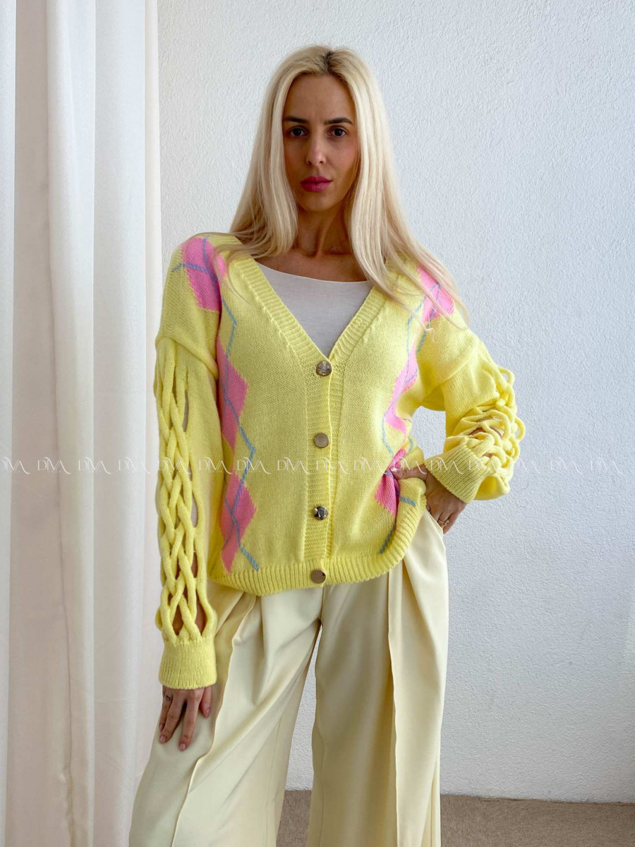 Kardigan s prepletaním na rukávoch žltý AB 64