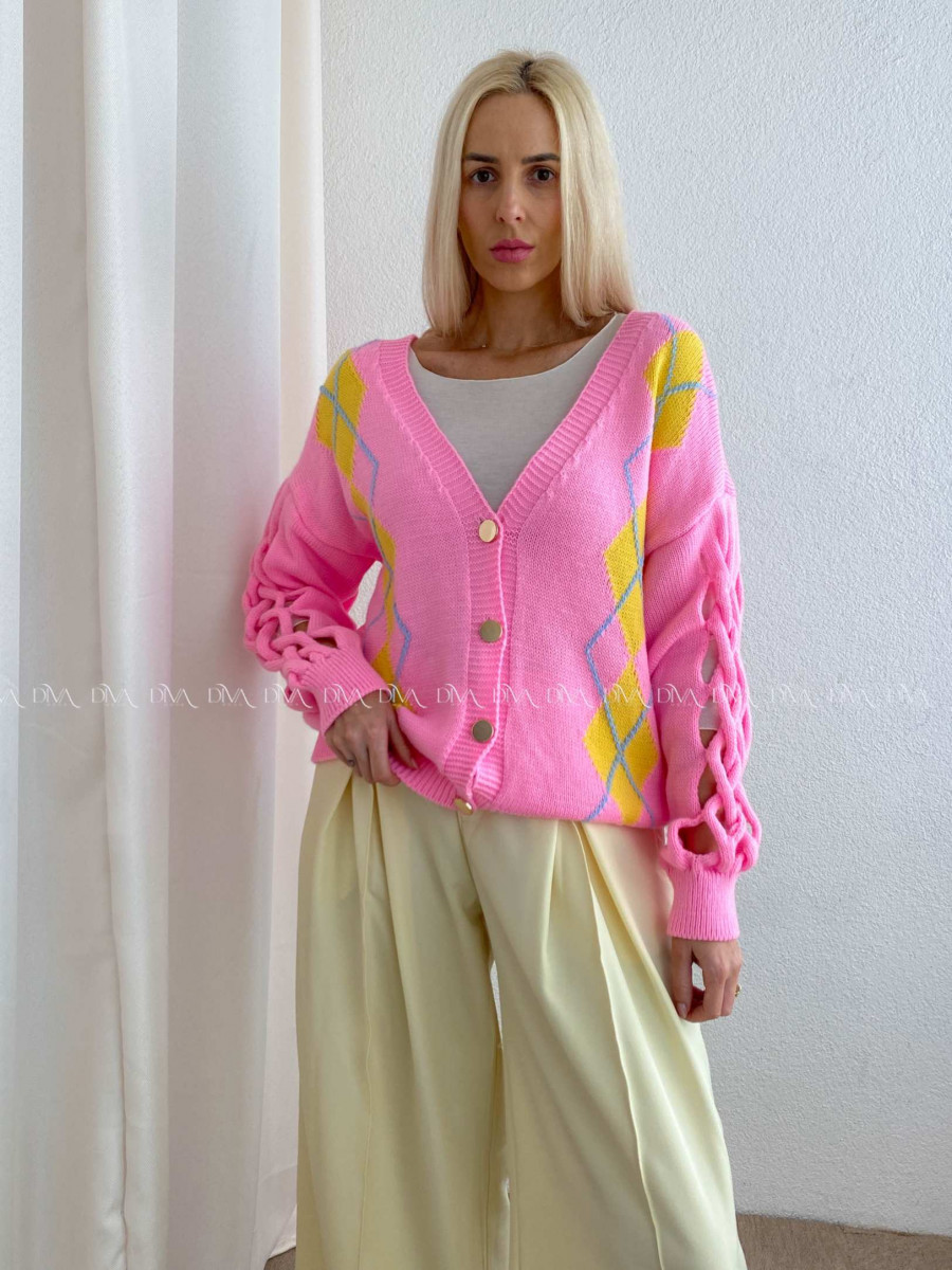 Kardigan s prepletaním na rukávoch ružový AB 64