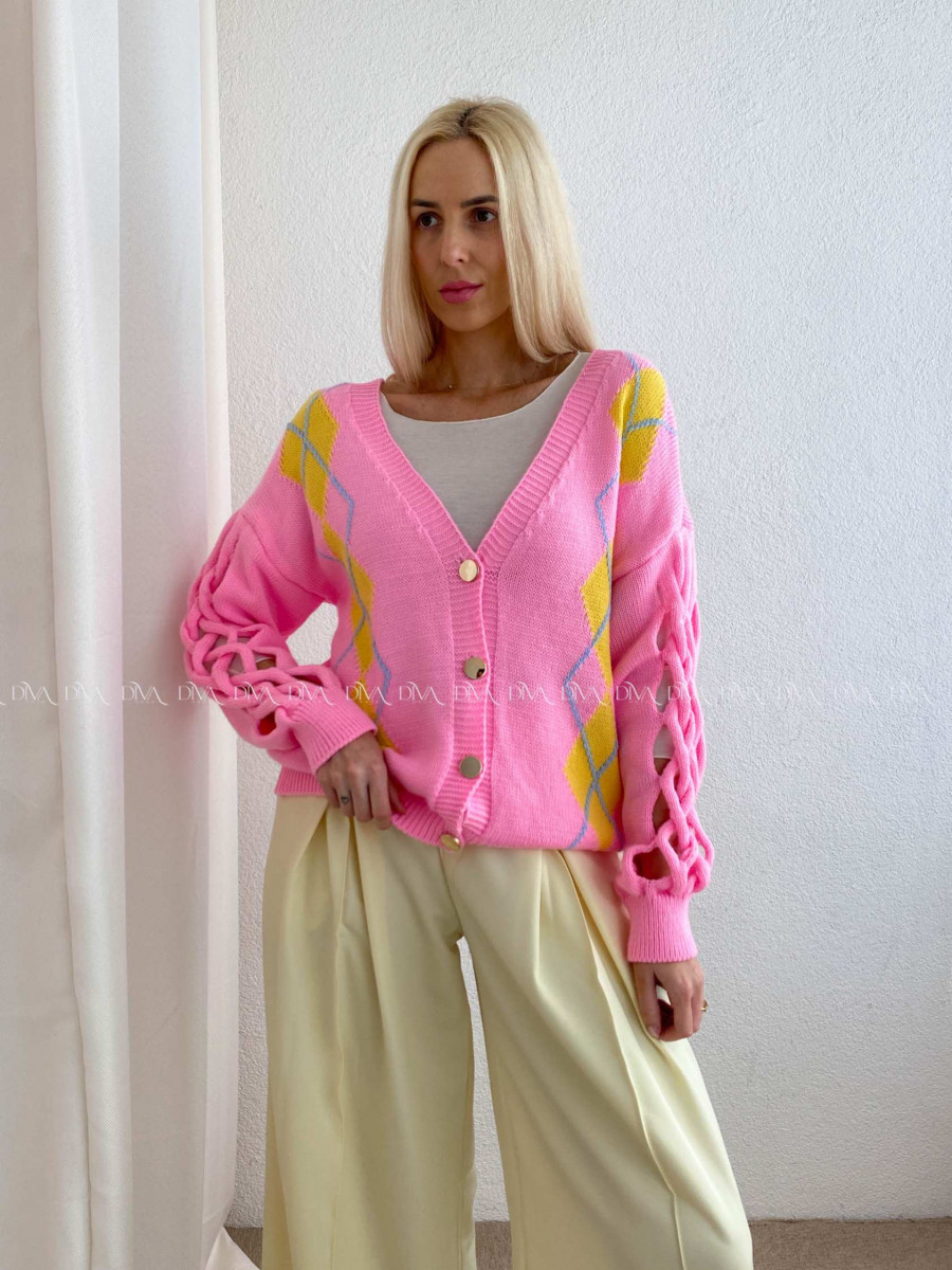 Kardigan s prepletaním na rukávoch ružový AB 64