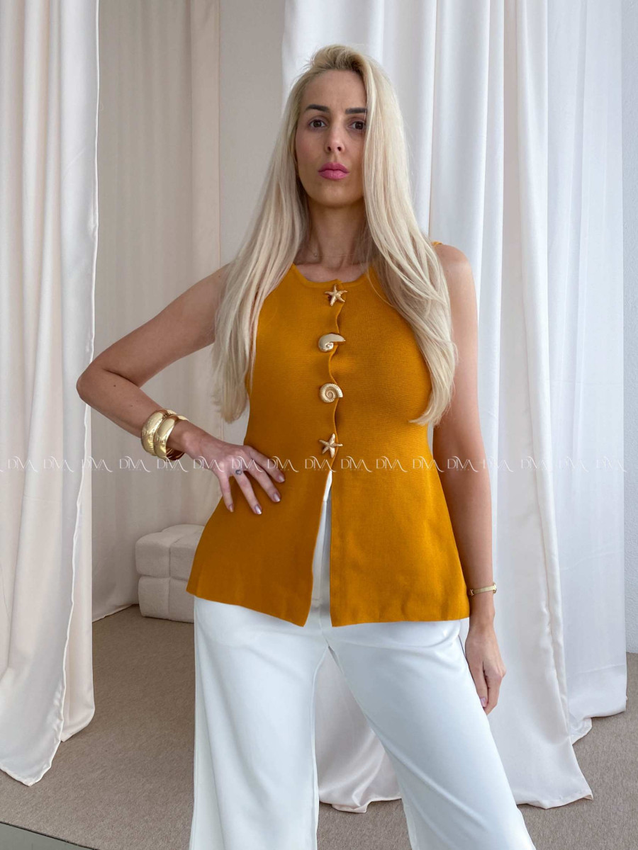 Úpletová vesta so zdobenými gombíkmi horčicová AB 84