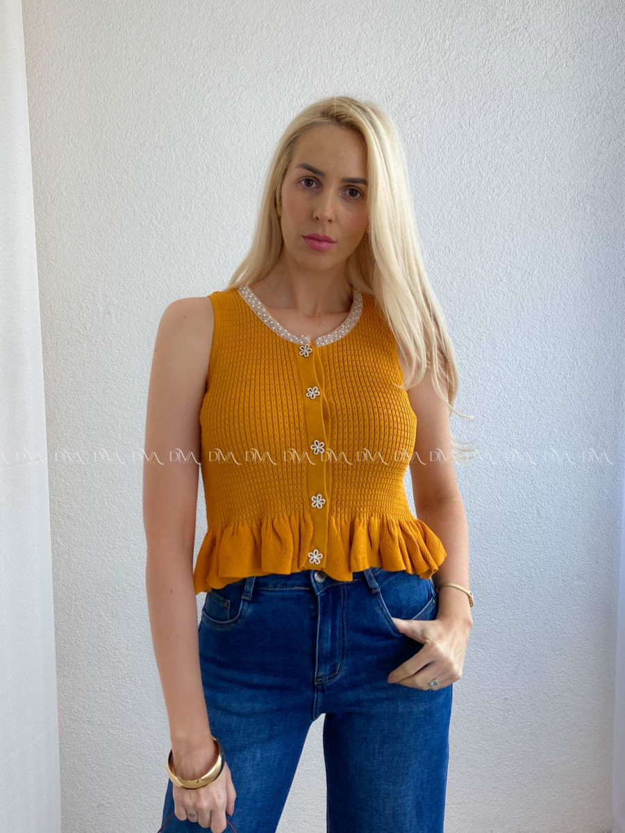 Dierkovaný úpletový top so zdobením horčicový AB 76