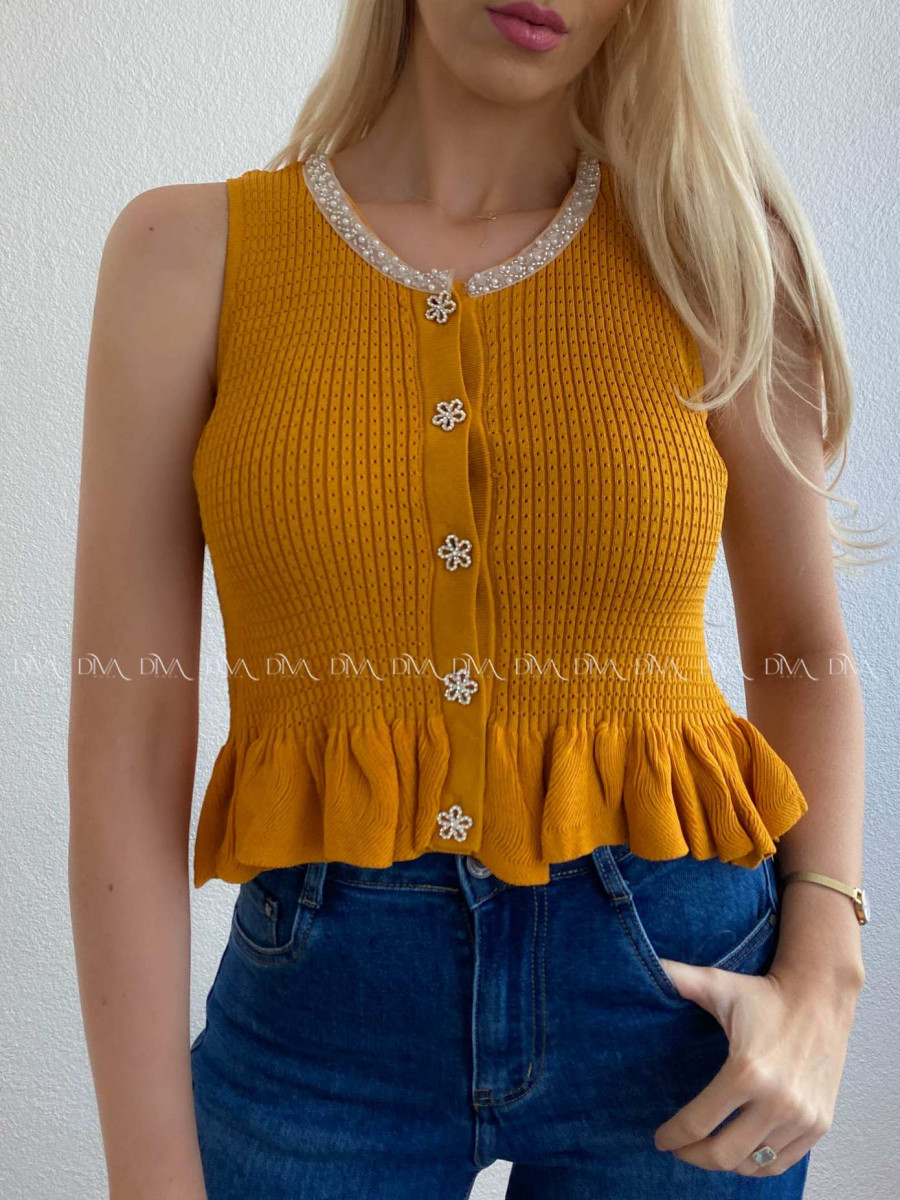 Dierkovaný úpletový top so zdobením horčicový AB 76