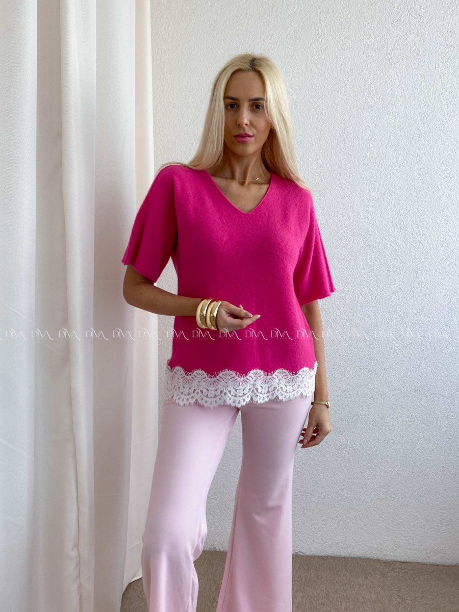 Svetríkový top s krátkym rukávom a krajkou fuchsia AB 63