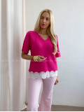 Svetríkový top s krátkym rukávom a krajkou fuchsia AB 63