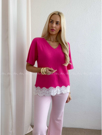 Svetríkový top s krátkym rukávom a krajkou fuchsia AB 63