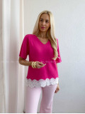 Svetríkový top s krátkym rukávom a krajkou fuchsia AB 63