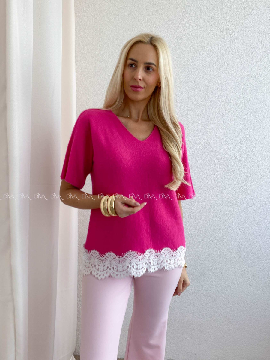 Svetríkový top s krátkym rukávom a krajkou fuchsia AB 63