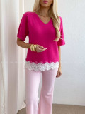 Svetríkový top s krátkym rukávom a krajkou fuchsia AB 63
