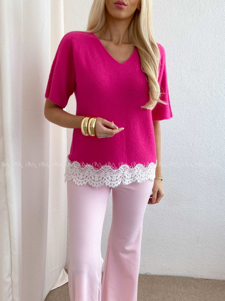 Svetríkový top s krátkym rukávom a krajkou fuchsia AB 63