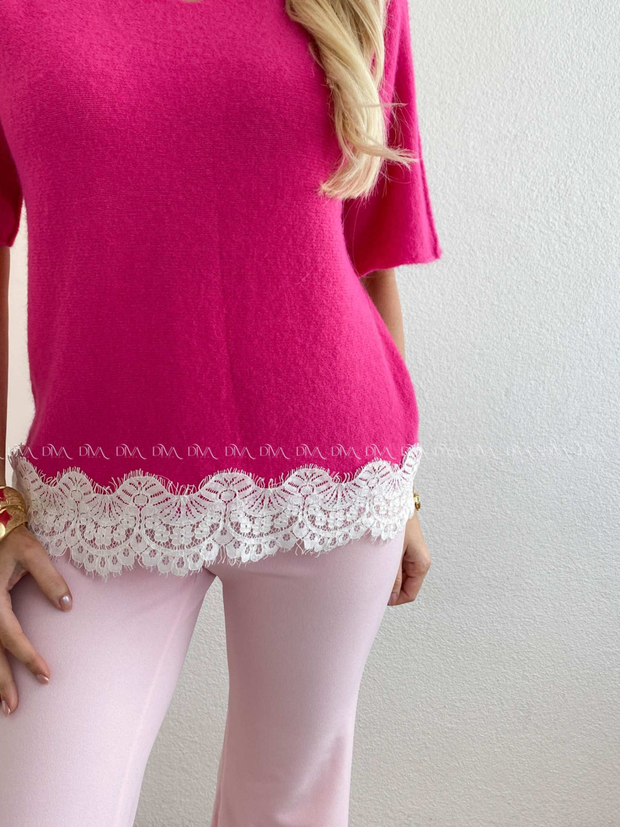 Svetríkový top s krátkym rukávom a krajkou fuchsia AB 63