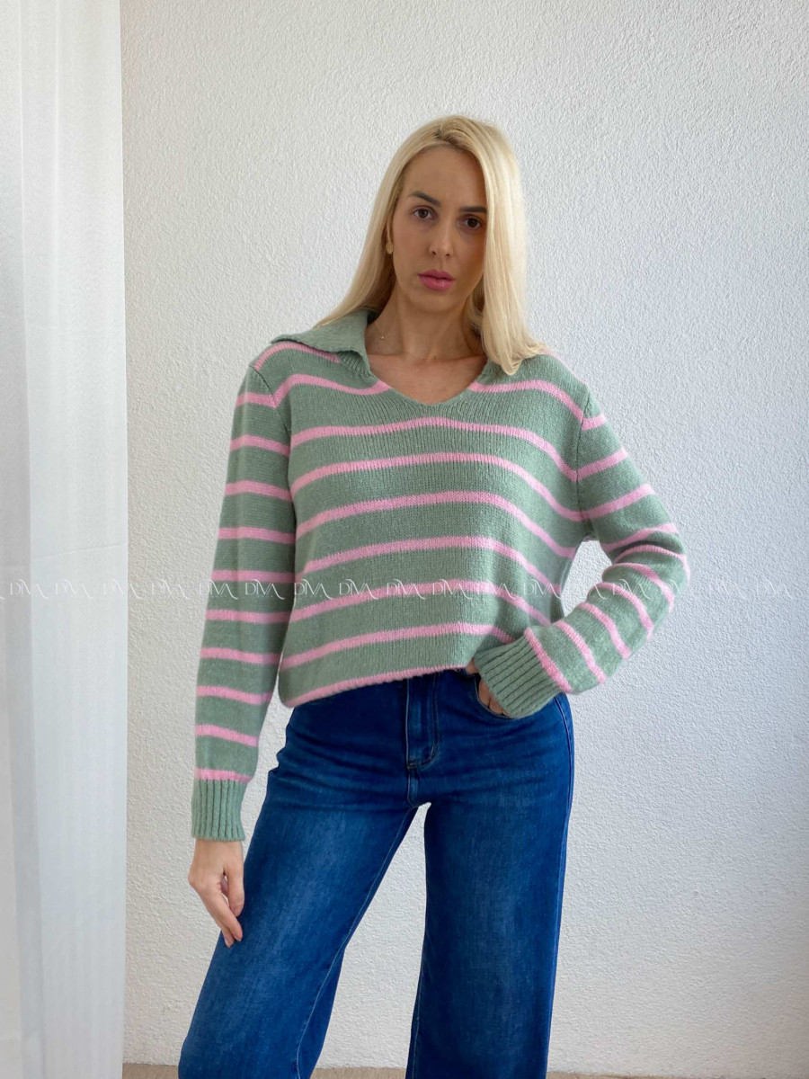 Pruhovaný sveter s límcom khaki-ružový AB 9