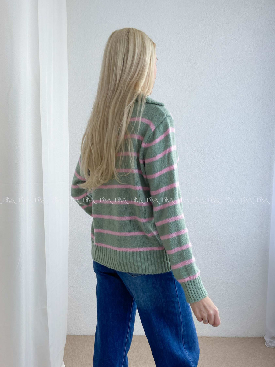 Pruhovaný sveter s límcom khaki-ružový AB 9