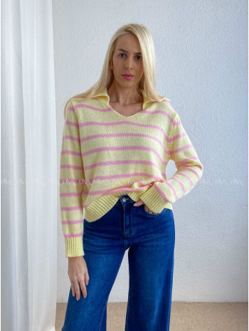 Pruhovaný sveter s límcom žlto-ružový AB 9