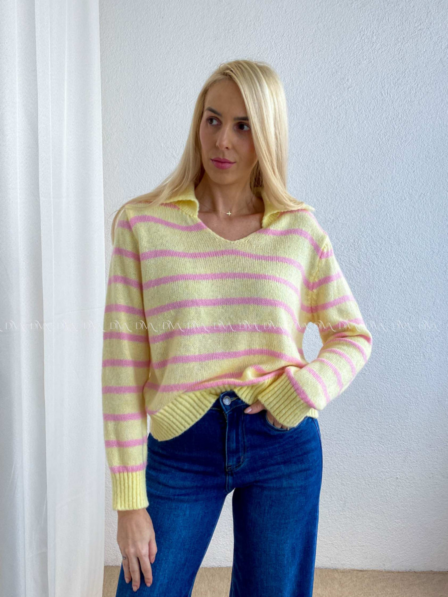 Pruhovaný sveter s límcom žlto-ružový AB 9