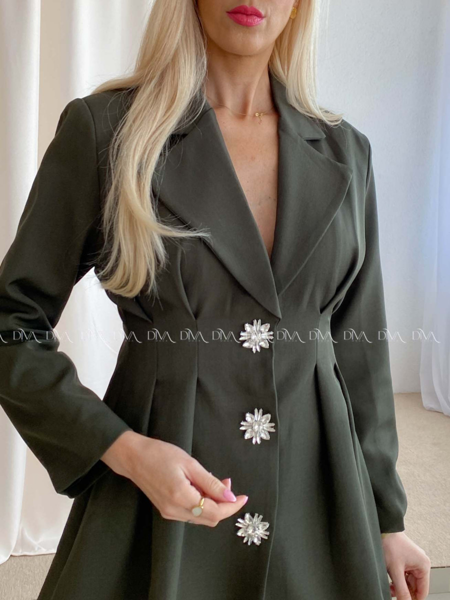 Elegantné sakové šaty so zdobenými gombíkmi khaki AB 89