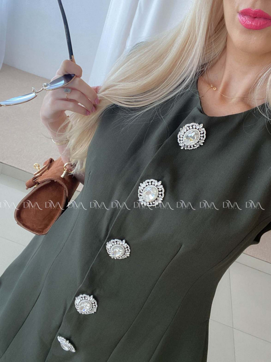 Elegantné khaki šaty so zdobenými gombíkmi AB 85