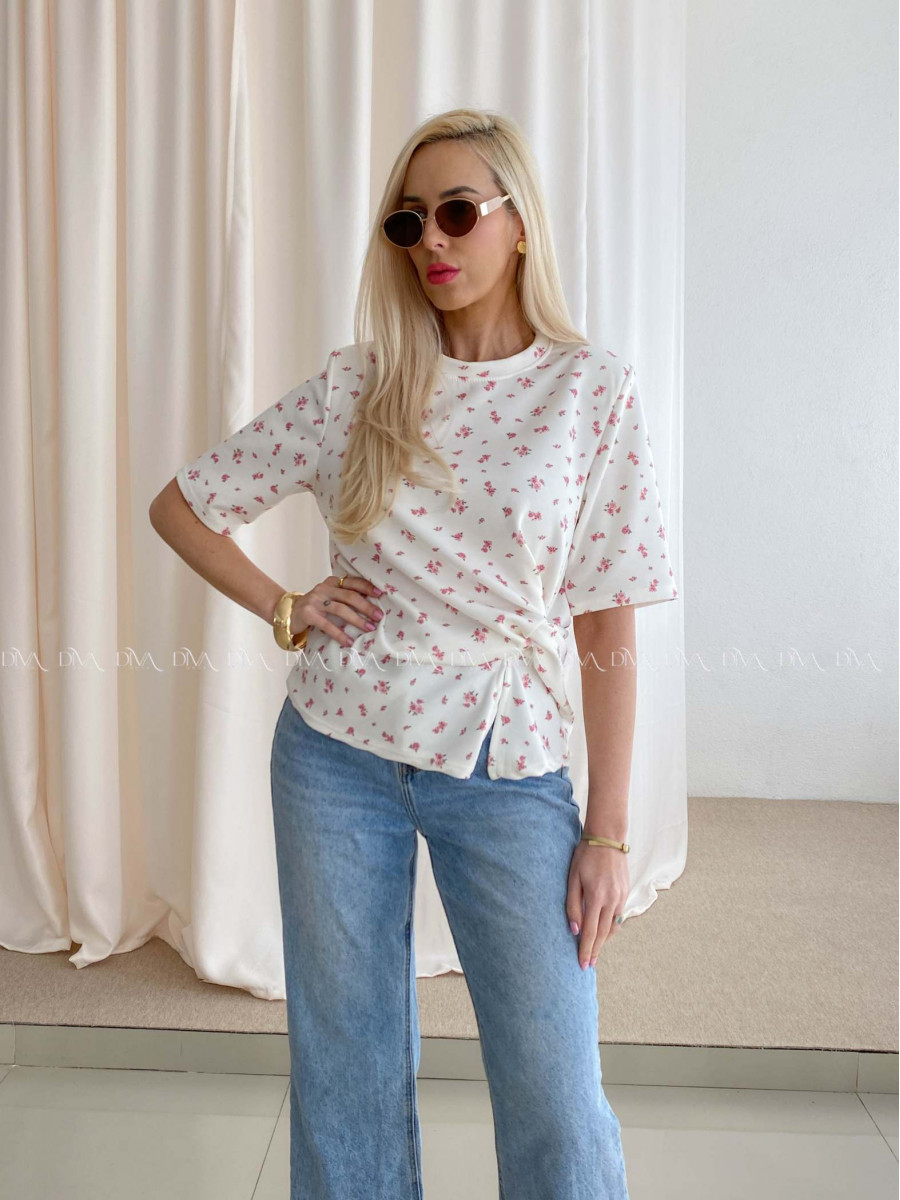 Kvetinkové tričko s uzlom biele AB 71