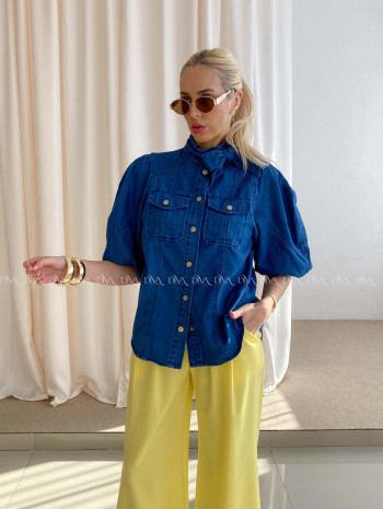 Riflová košeľa s balónovými rukávmi atramentovo modrá AB 93