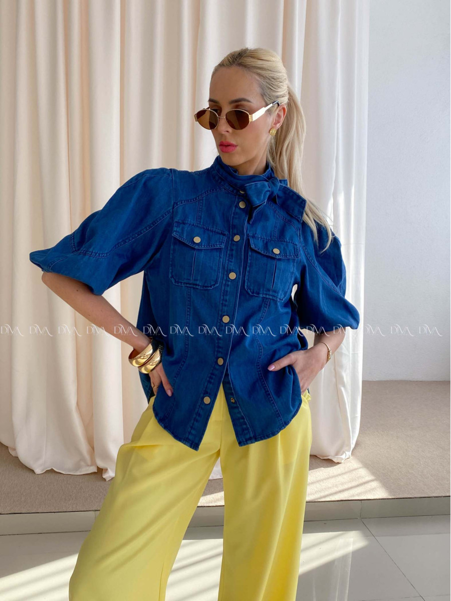 Riflová košeľa s balónovými rukávmi atramentovo modrá AB 93