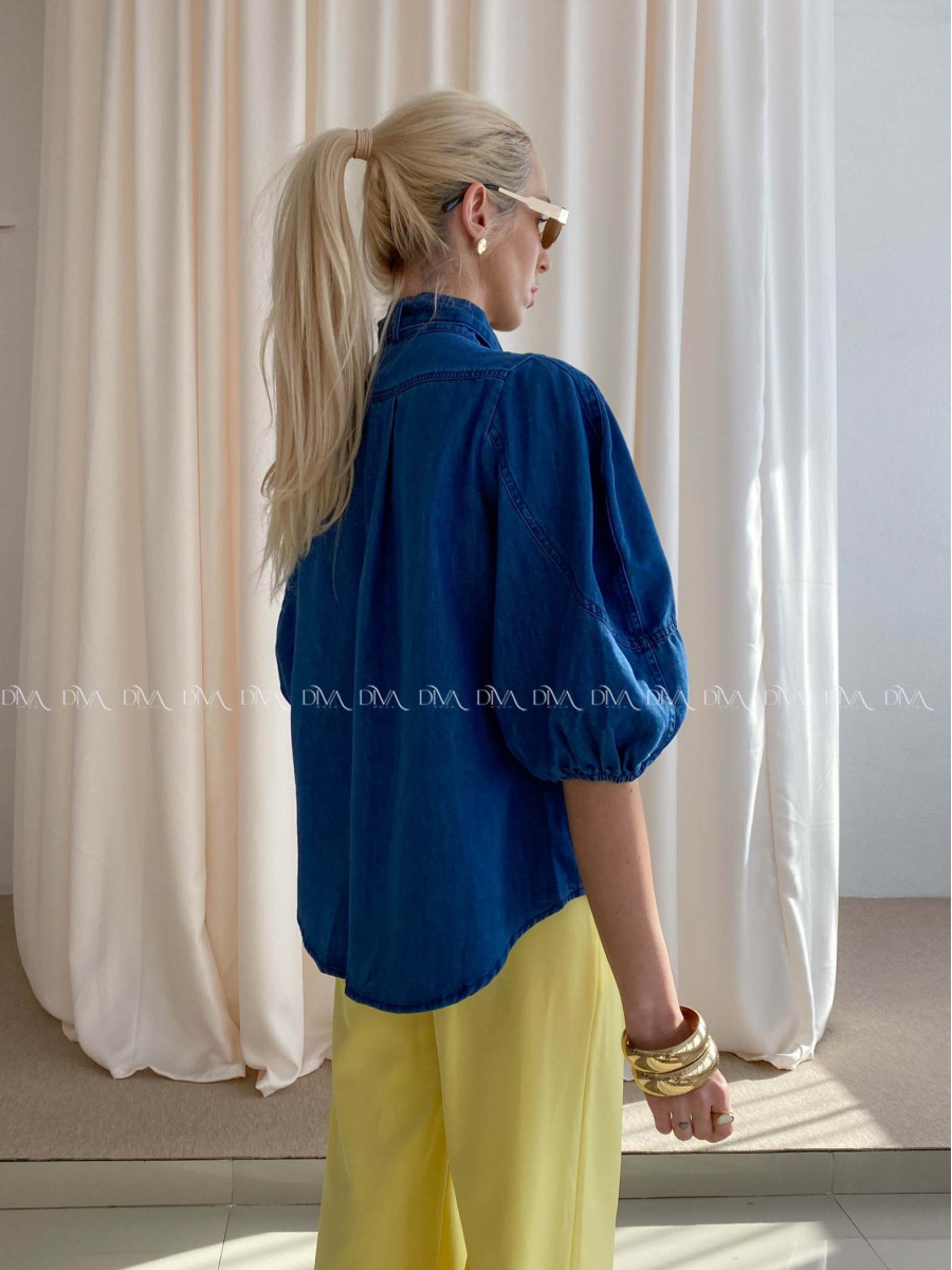 Riflová košeľa s balónovými rukávmi atramentovo modrá AB 93