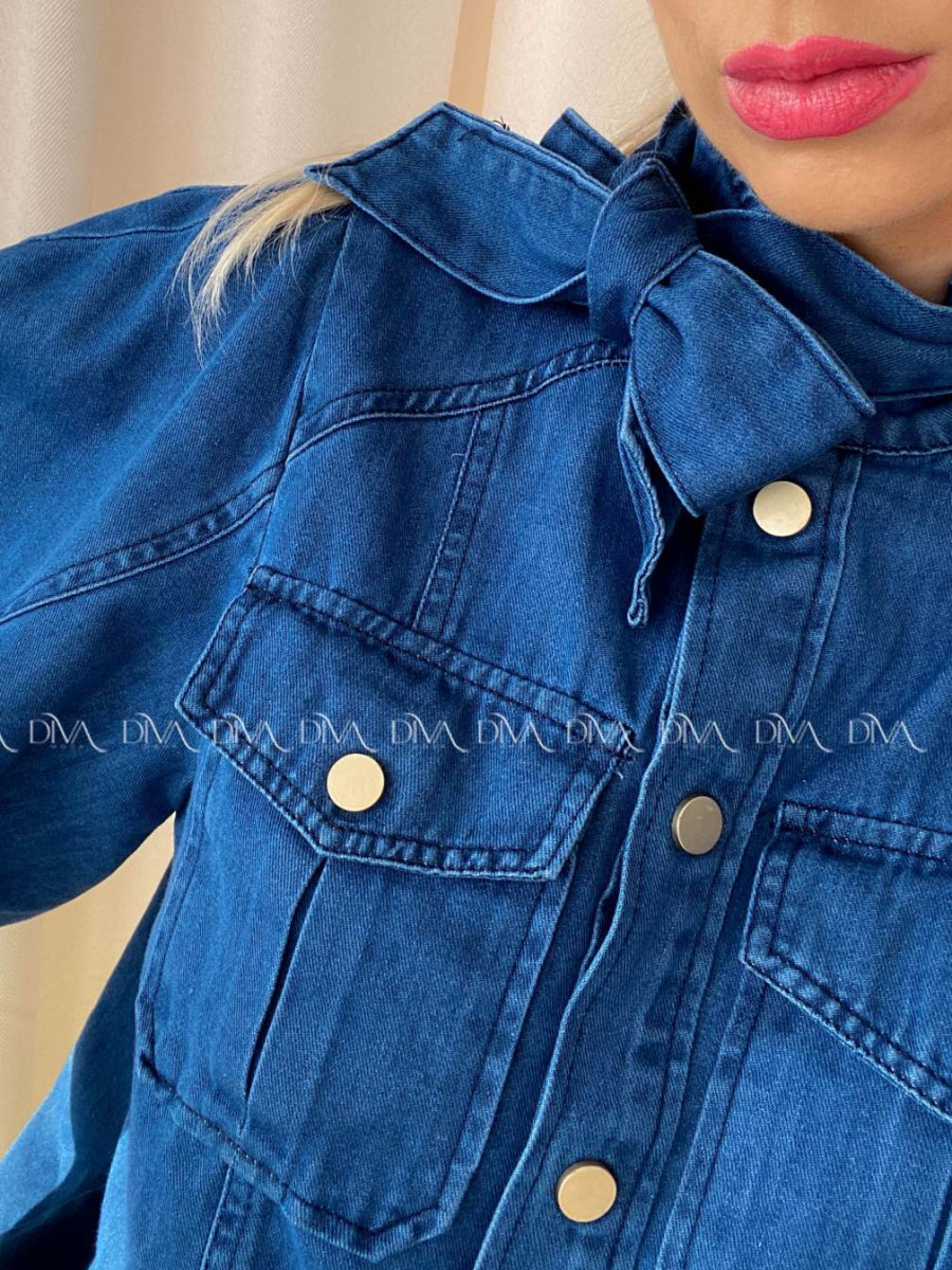 Riflová košeľa s balónovými rukávmi atramentovo modrá AB 93