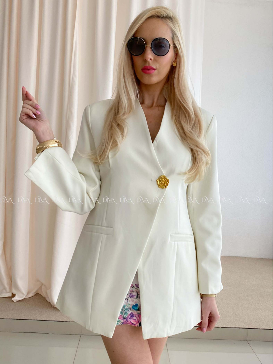 Elegantné predĺžené sako so zdobeným gombíkom rose biele AB 90