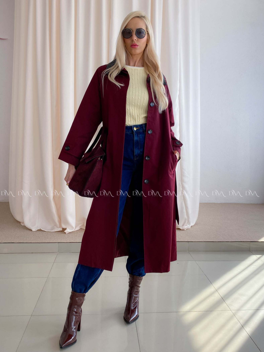 Trench coat burgundy s čiernym golierom AA 73