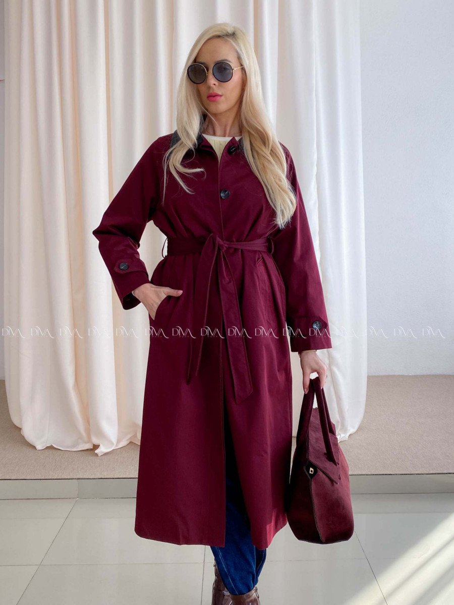 Trench coat burgundy s čiernym golierom AA 73