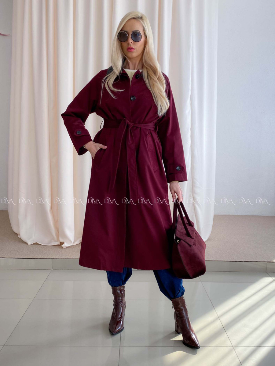 Trench coat burgundy s čiernym golierom AA 73