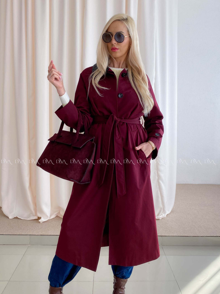 Trench coat burgundy s čiernym golierom AA 73