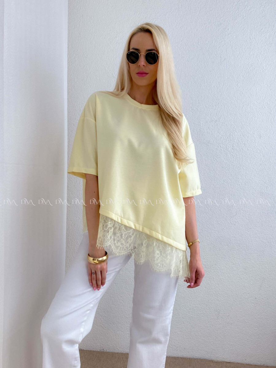 Asymetrické tričko s krajkou butter yellow AB 66