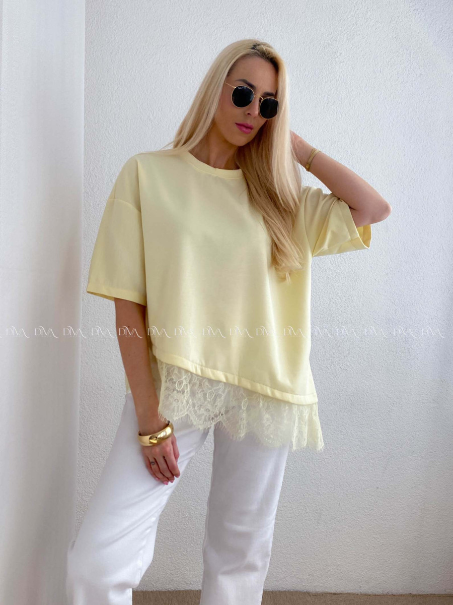 Asymetrické tričko s krajkou butter yellow AB 66
