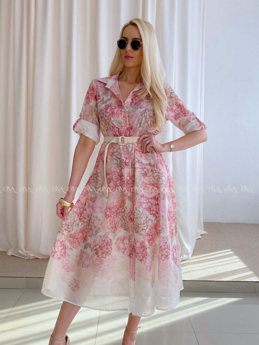Ľahké midi šaty s kvetmi ružové hortenzie AB 63