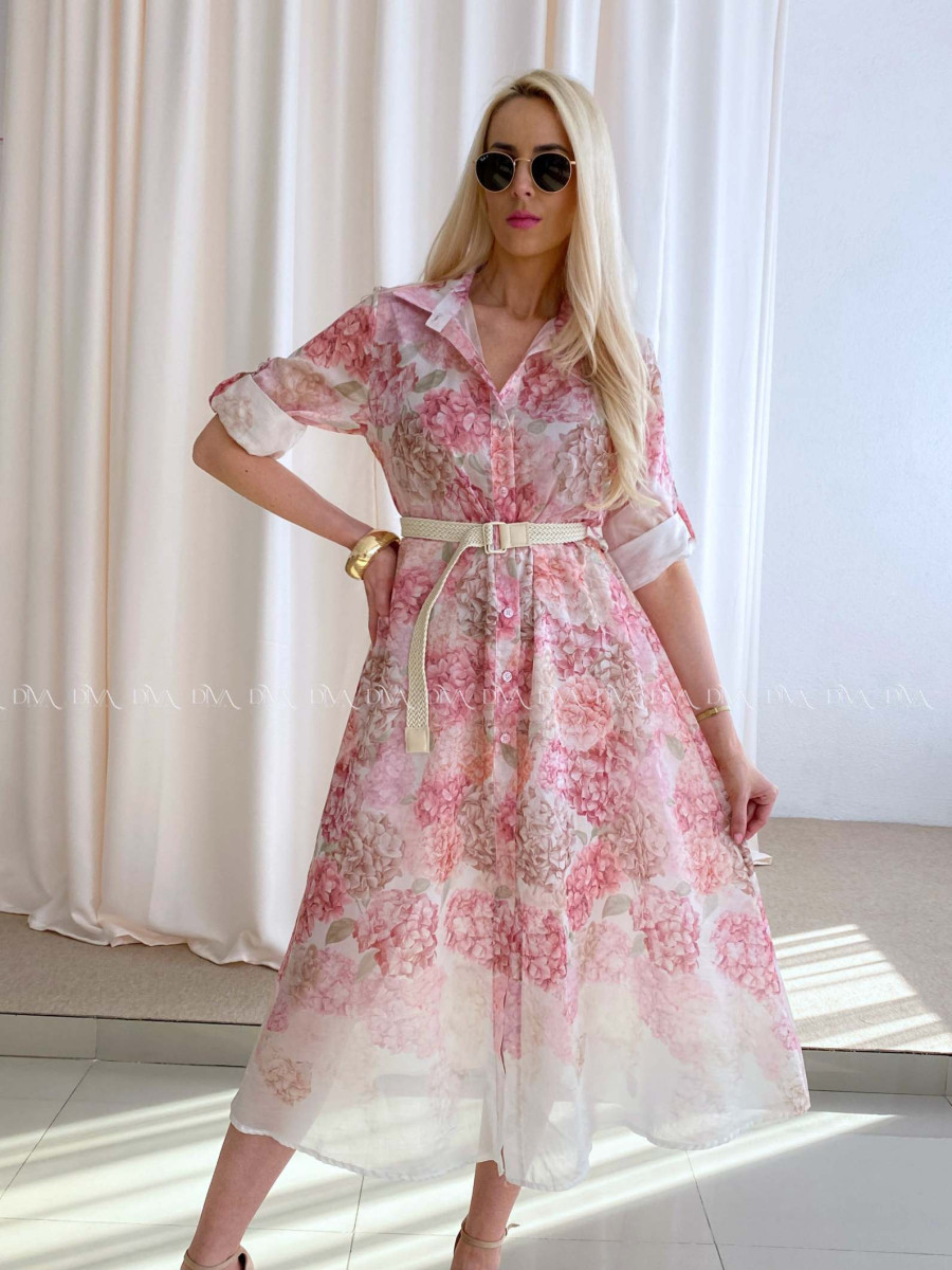 Ľahké midi šaty s kvetmi ružové hortenzie AB 63