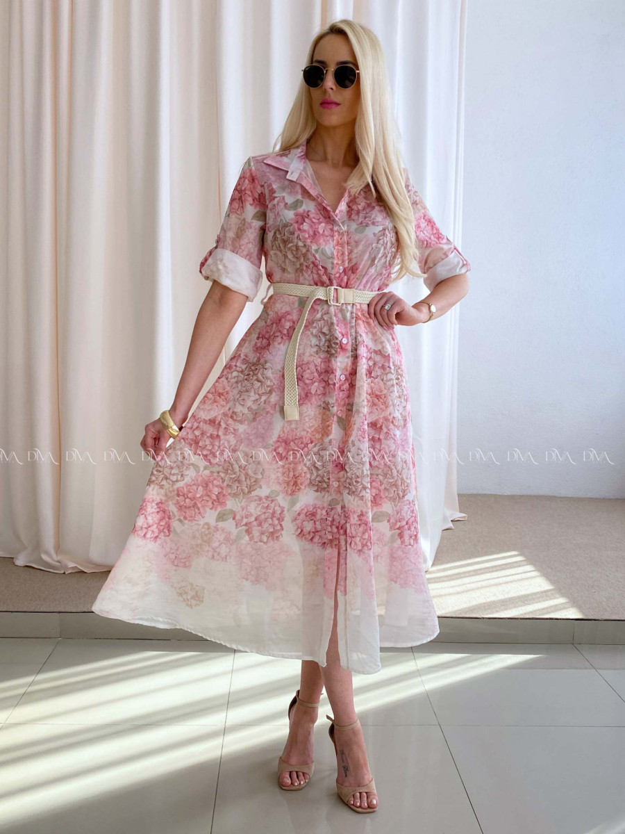 Ľahké midi šaty s kvetmi ružové hortenzie AB 63