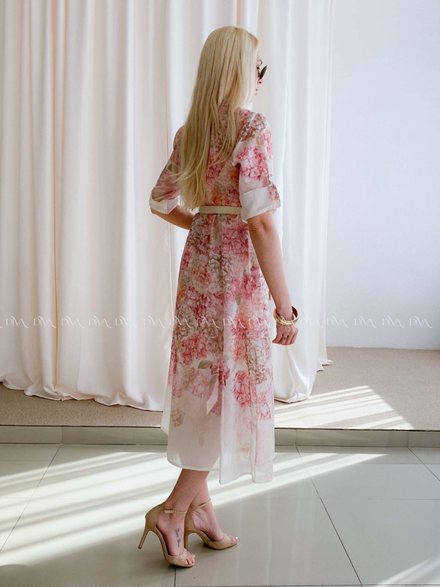 Ľahké midi šaty s kvetmi ružové hortenzie AB 63