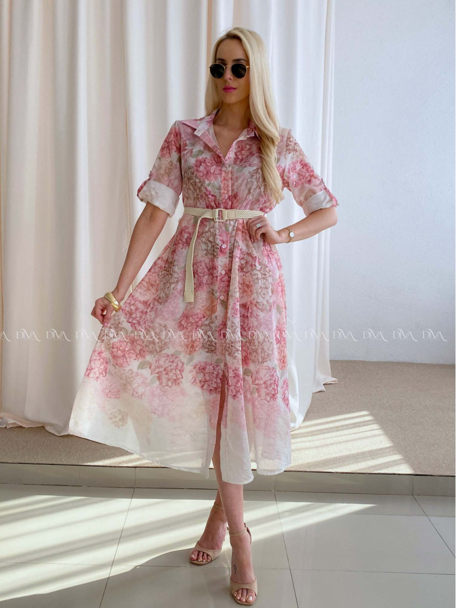 Ľahké midi šaty s kvetmi ružové hortenzie AB 63