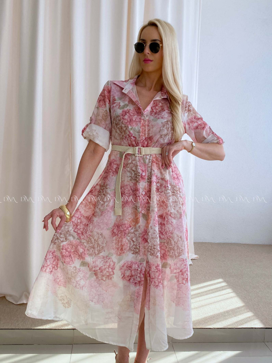 Ľahké midi šaty s kvetmi ružové hortenzie AB 63