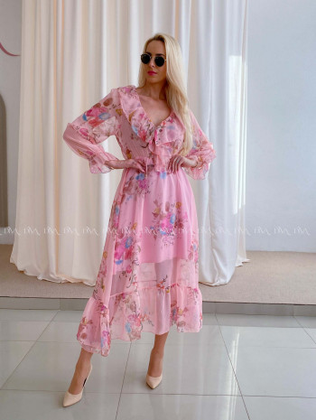 Ľahučké spoločenské šaty s volánom na dekolte rose ružové AB 99