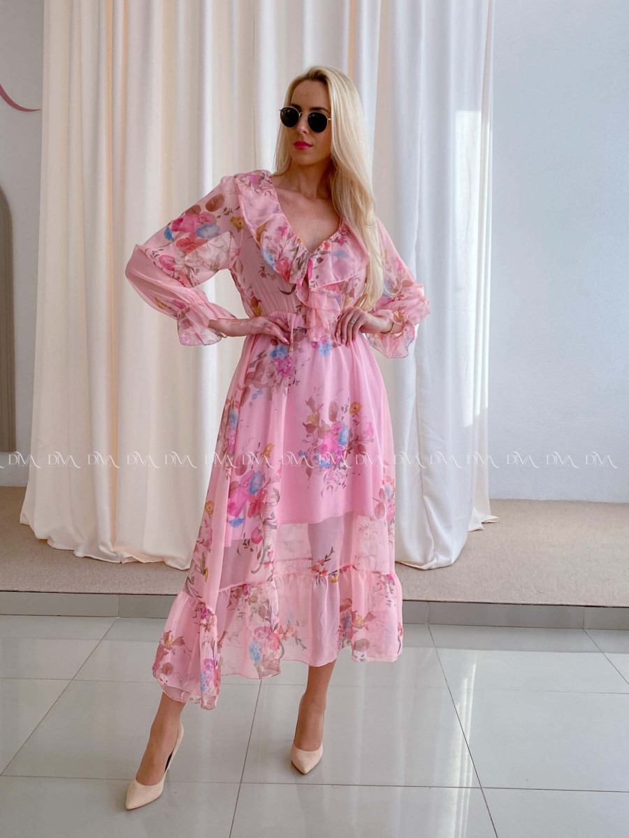 Ľahučké spoločenské šaty s volánom na dekolte rose ružové AB 99