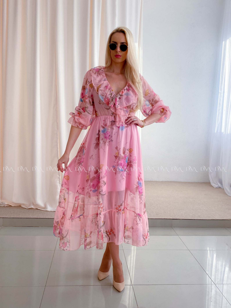 Ľahučké spoločenské šaty s volánom na dekolte rose ružové AB 99