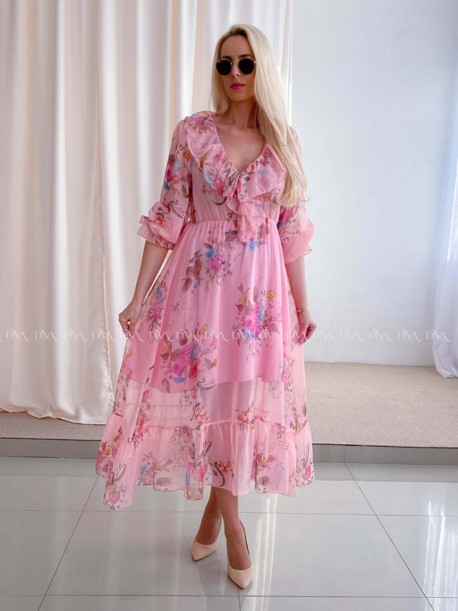 Ľahučké spoločenské šaty s volánom na dekolte rose ružové AB 99