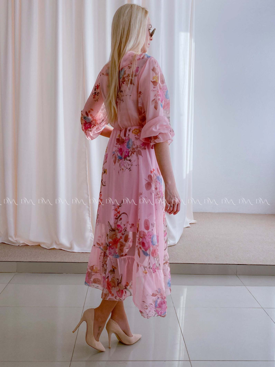 Ľahučké spoločenské šaty s volánom na dekolte rose ružové AB 99